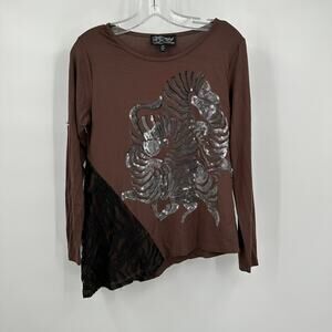 Sharif‎ Couture Womens Pullover Top Size XS Sequin Lace Mixed Media Brown Artsy